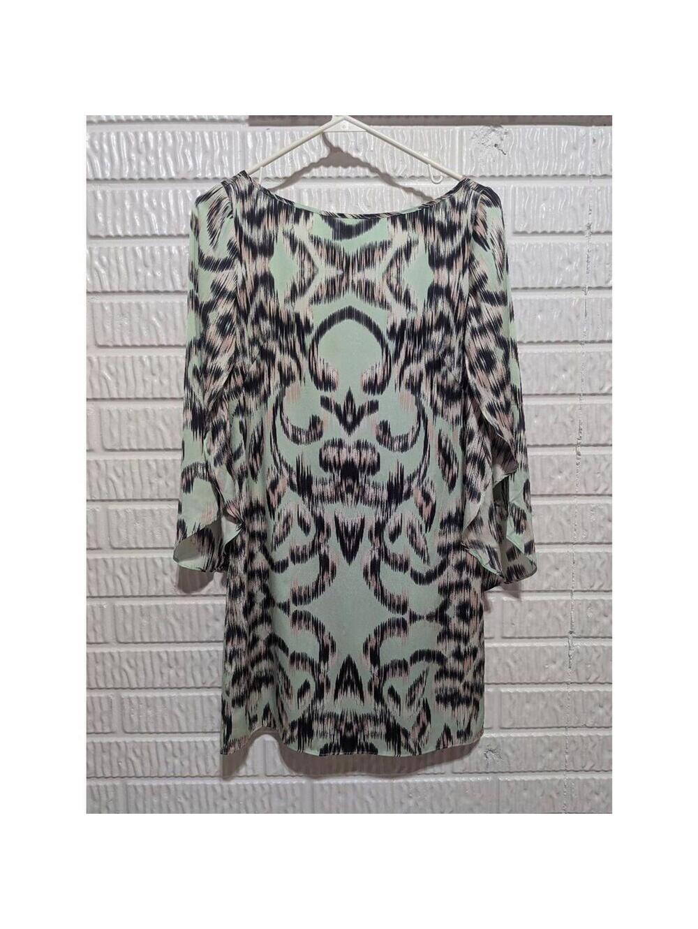 Milly Women's Aqua & Black Abstract Print Silk Long-Sleeve Boat Neck Dress Size